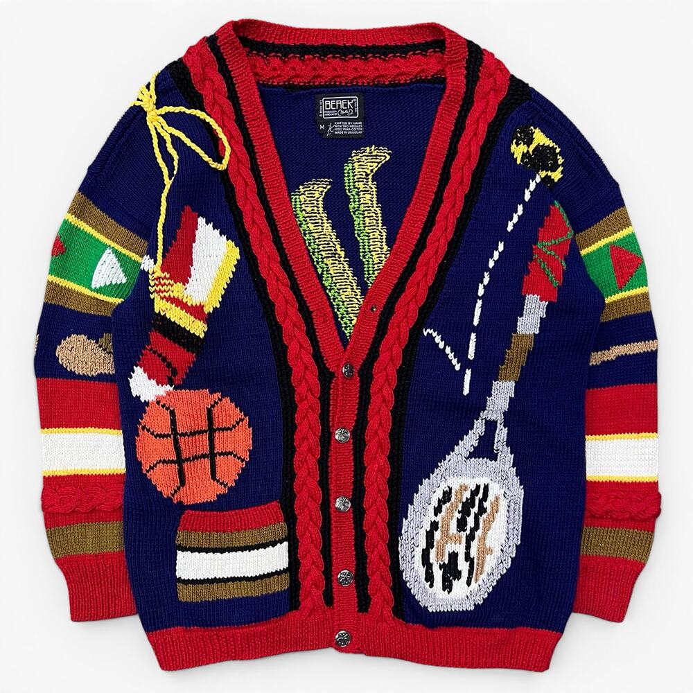Vintage Berek Sport Tennis Basketball Storybook 3D Texture Cardigan Sweater Knit